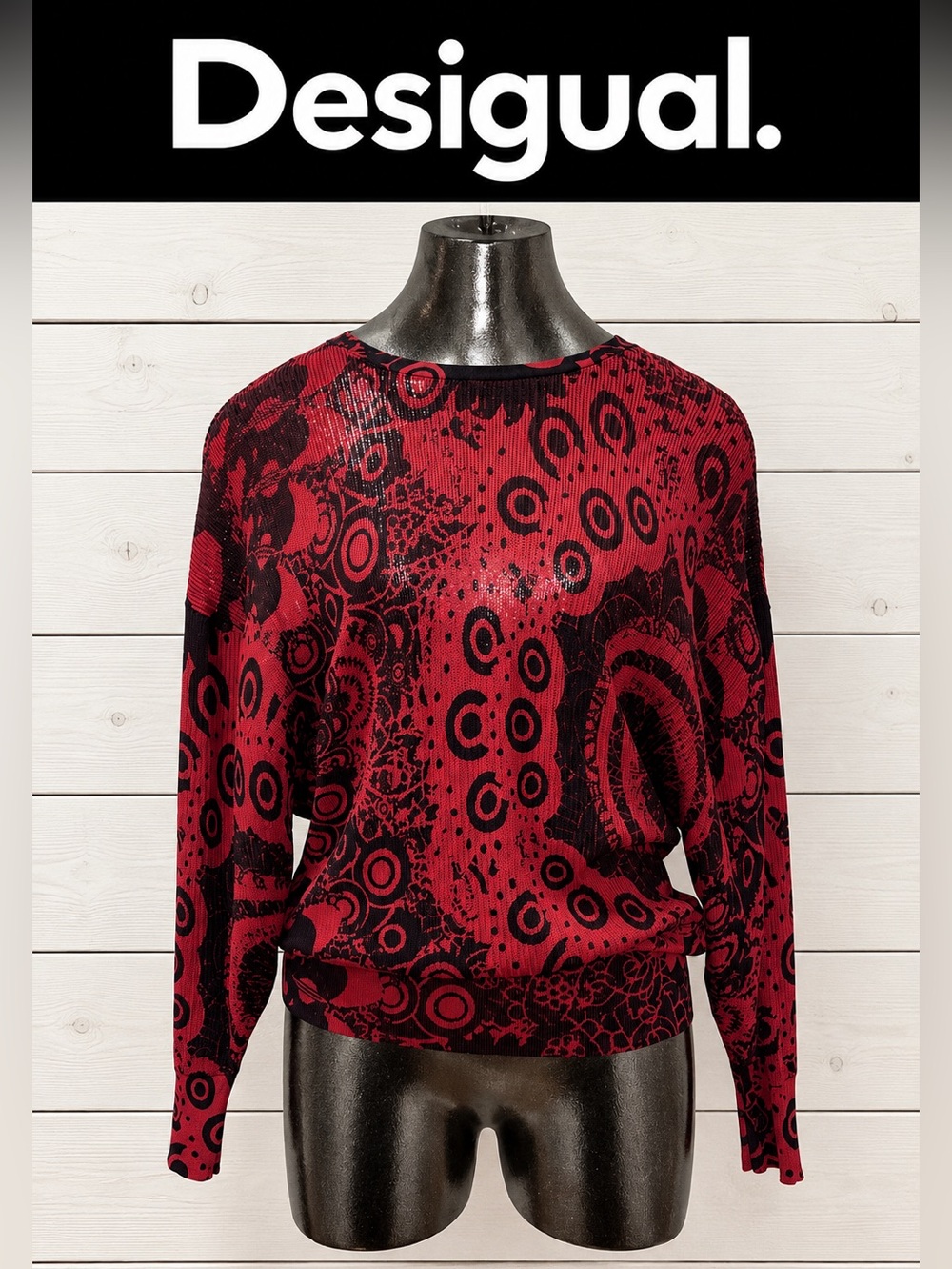 Desigual Fine Knit Open-Back Sweater – Red & Black – Size S